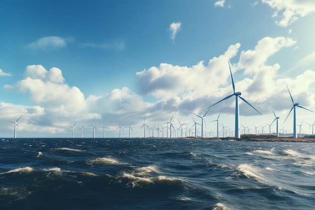 Foto gratuita parque de molinos de viento en alta mar con nubes y un cielo azul