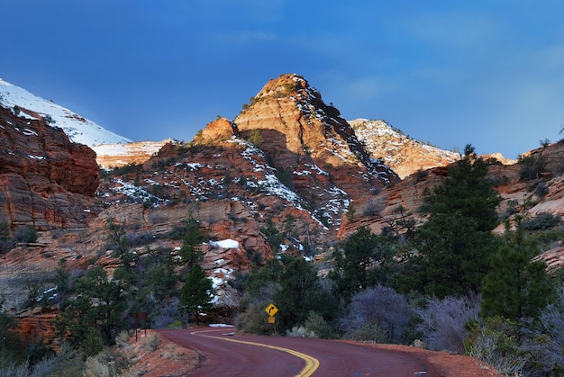 Parque Nacional Zion con carretera y nieve.