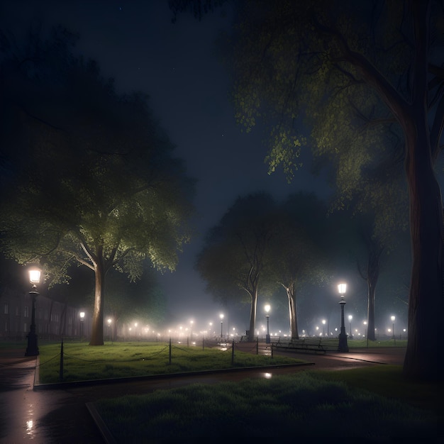 Foto gratuita parque nocturno con linternas y árboles en la niebla renderización 3d