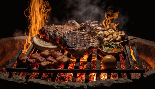 Una parrilla con una variedad de carnes en ella