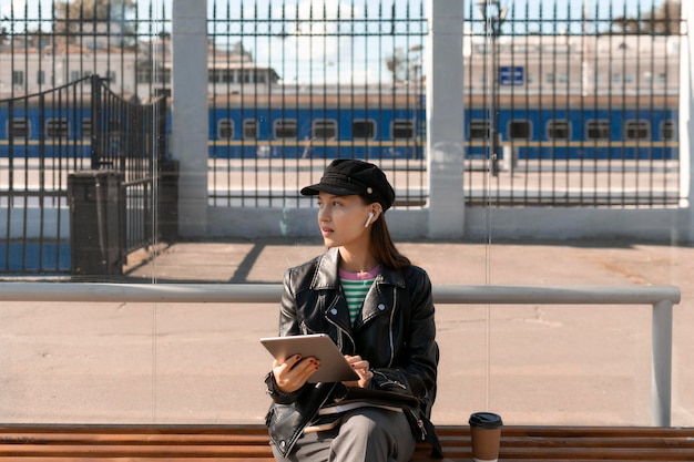 Foto gratuita pasajero sentado en un banco de la estación