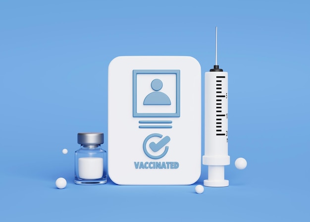 Pasaporte de vacunación con jeringa y botella de vacuna sobre fondo azul ilustración 3d dibujos animados concepto médico y sanitario