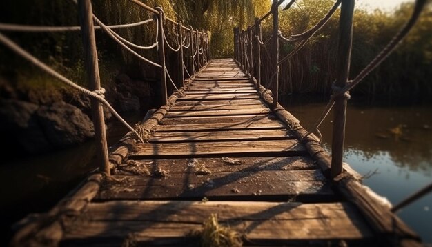 Pasarela elevada sobre aguas tranquilas en el bosque generada por IA