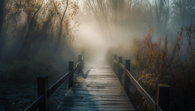 Una pasarela neblinosa conduce a un misterioso bosque otoñal generado por IA