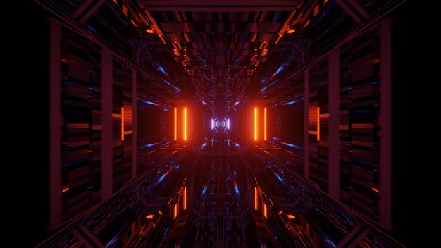 Pasillo de túnel futurista con luces de neón brillantes, un fondo de pantalla de renderizado 3D