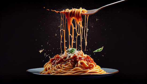 Pasta fresca con abundante boloñesa y queso parmesano generada por IA