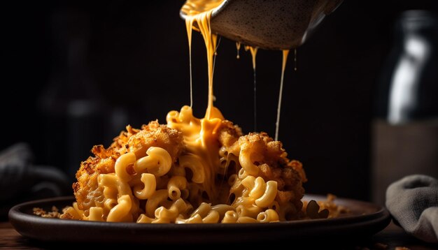 Pasta gourmet recién cocinada en un plato de madera generado por IA