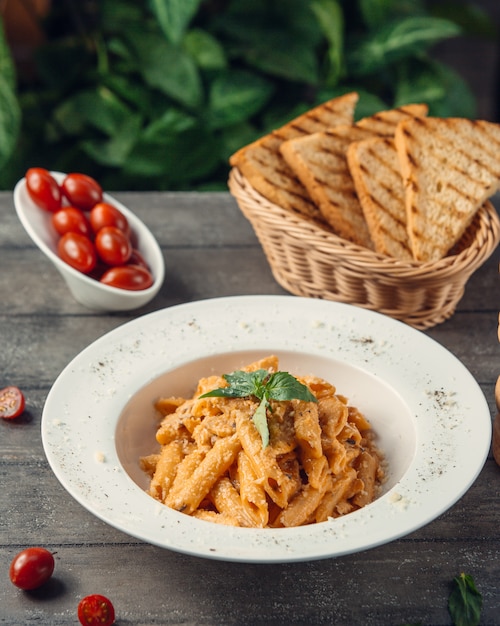 Pasta Penne en salsa de tomate servida con pan tostado.