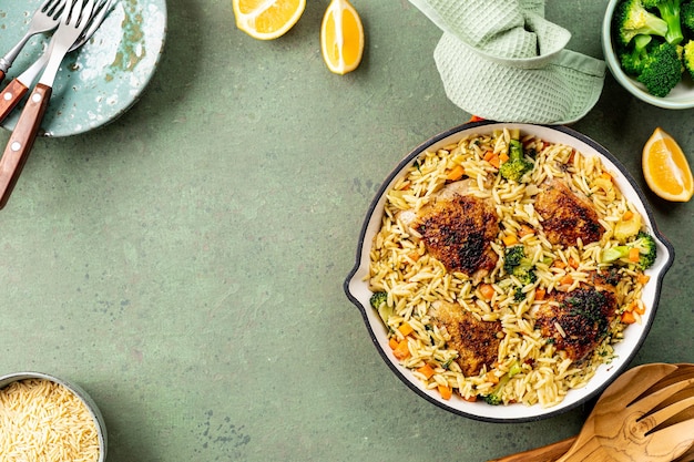 Foto gratuita una pasta de pollo de estilo mediterráneo orzo