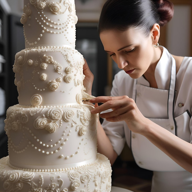 El pastel de boda decorado con encaje blanco y perlas La novia corta el pastel de boda