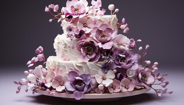 Pastel de bodas adornado con flores rosas una dulce celebración generada por inteligencia artificial