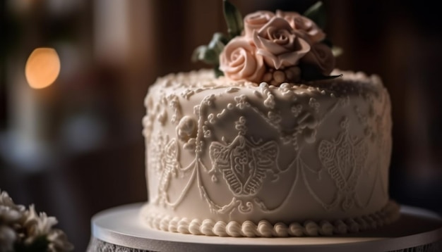 Foto gratuita pastel de bodas de chocolate indulgente con decoración ornamentada generada por ia