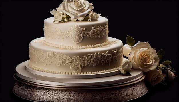 Un pastel de bodas negro decadente con flores generado por IA