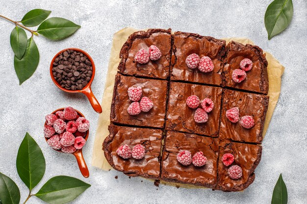 Pastel de brownie de chocolate rebanadas de postre con frambuesas y especias, vista superior