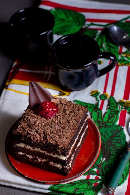 Pastel de cacao en porciones cuadradas con frambuesa de chocolate rallado de crema blanca