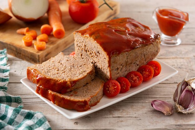 Pastel de carne americano tradicional con salsa de tomate en mesa de madera