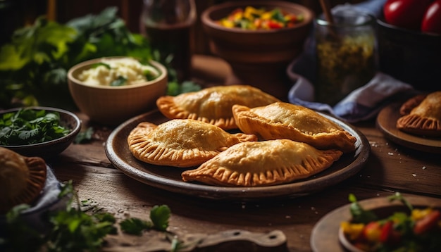 Pastel de carne casero en placa de madera rústica IA generativa