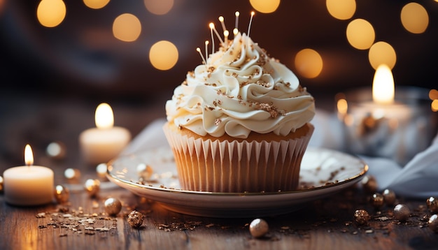 Pastel de chocolate casero con una vela de glaseado cremosa que arde en la mesa generada por la inteligencia artificial