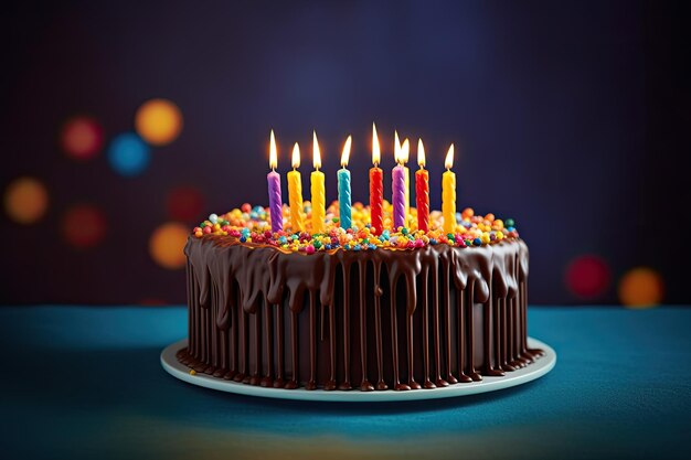 Pastel de chocolate de cumpleaños con velas de colores sobre fondo azul Ai generativo