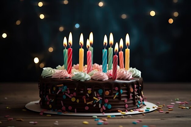 Pastel de chocolate de cumpleaños con velas de colores sobre mesa de madera y fondo azul Ai generativo