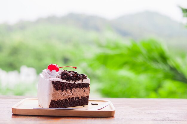 Pastel de chocolate con fondo de naturaleza de montaña suave enfocado