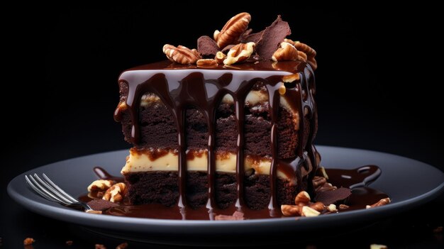 El pastel de chocolate rezuma con rica ganache en un plato elegante