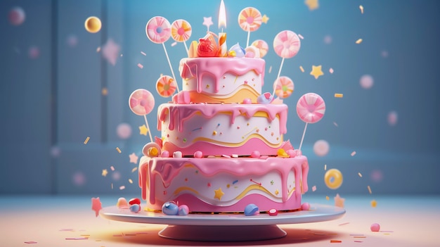 Pastel de cumpleaños 3D con vela encendida encima