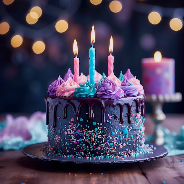 Pastel de cumpleaños 3D con velas encendidas en la parte superior
