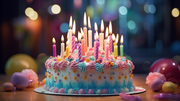 El pastel de cumpleaños adornado con velas glaseadas y decoraciones vibrantes.