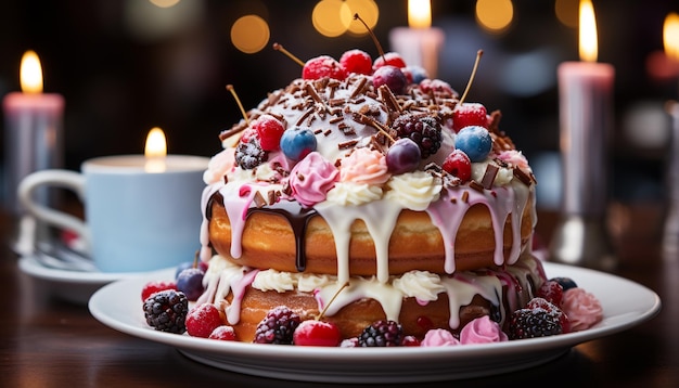 Foto gratuita un pastel de cumpleaños gourmet con crema batida y bayas frescas generadas por inteligencia artificial