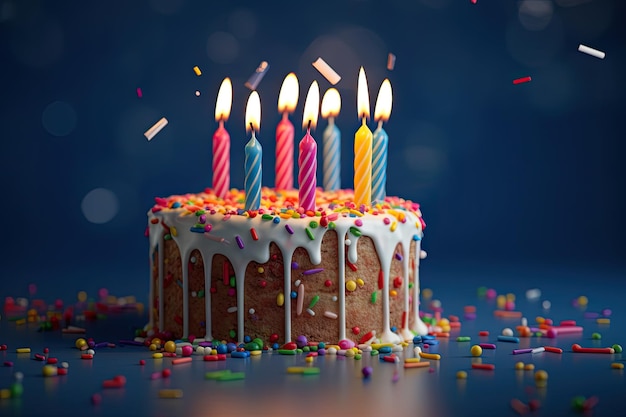 Pastel de cumpleaños con velas de colores sobre fondo azul Ai generativo