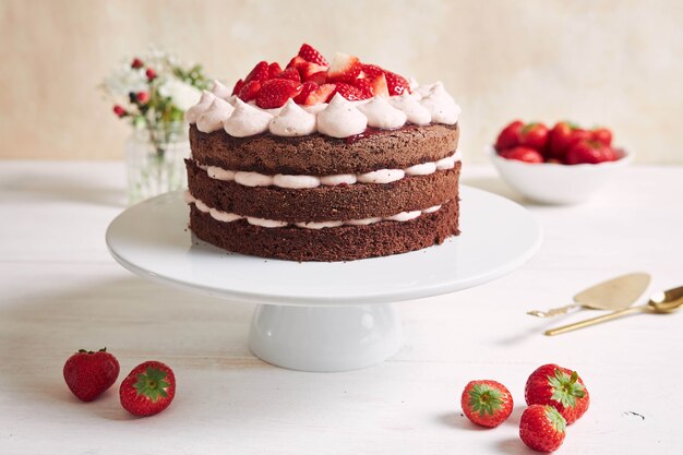 Pastel delicioso y dulce con fresas y baiser en un plato