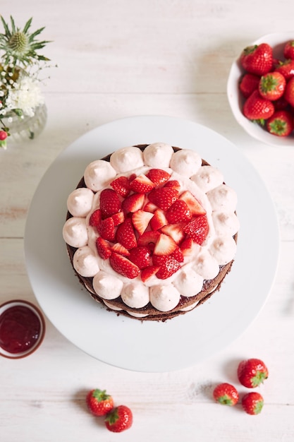 Pastel delicioso y dulce con fresas y baiser en un plato