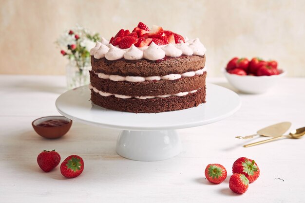 Pastel delicioso y dulce con fresas y baiser en un plato