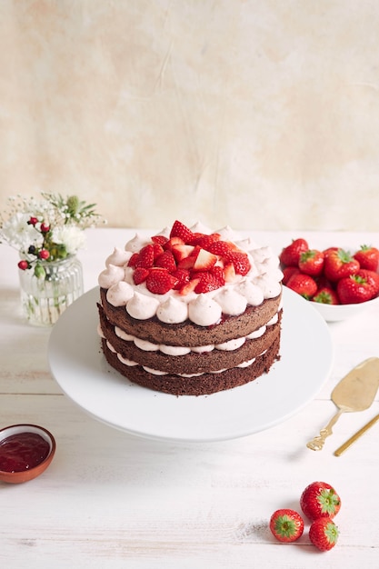 Pastel delicioso y dulce con fresas y baiser en un plato