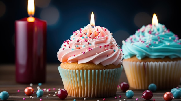 Foto gratuita pastel de fiesta con una vela al lado de un pastel de cumpleaños