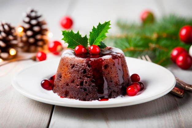 Pastel de frutas con pudín de Navidad sobre fondo de decoración navideña Postre festivo tradicional