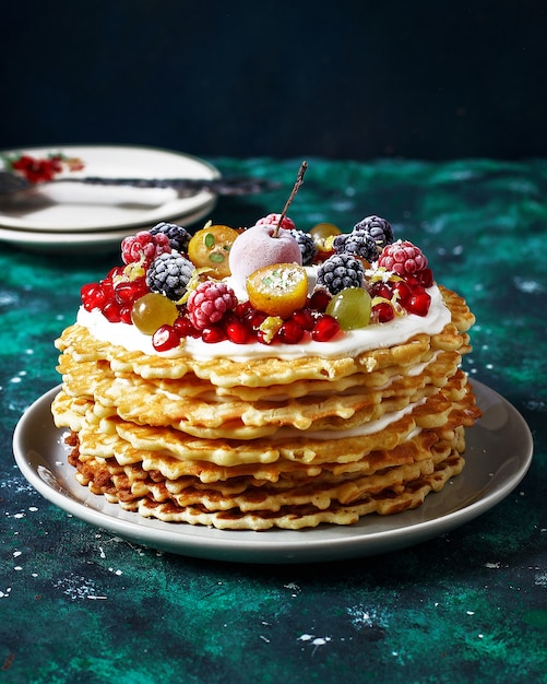 Pastel de gofres rusos con crema agria y bayas