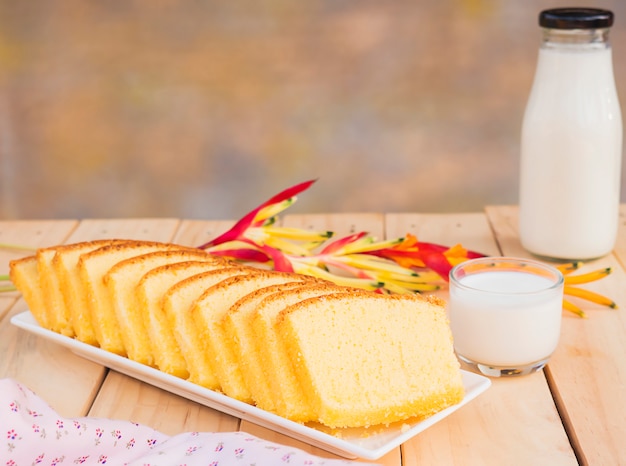 Pastel de mantequilla y botella con vaso de leche en mesa de madera blanca