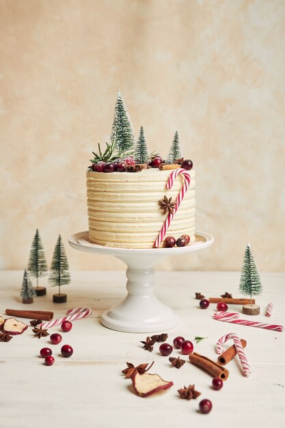 Pastel de Navidad decorado con árboles y bayas y ramitas de canela