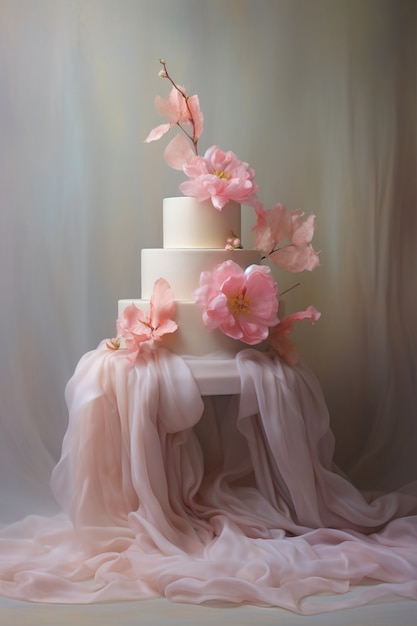 Foto gratuita pastel sobrecargado con tela y flores