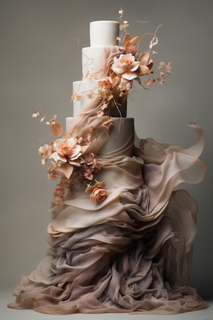 Pastel sobrecargado con tela y flores