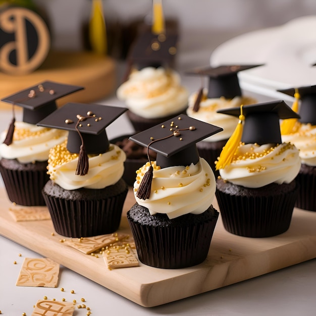 Foto gratuita pastelitos de chocolate con glaseado de crema de mantequilla y tapas de graduación