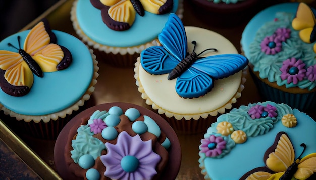 Pastelitos multicolores adornados con fondo azul en primer plano generados por IA