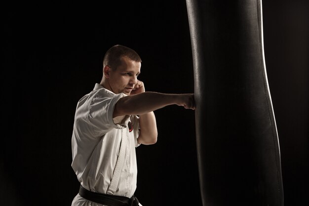 Patada de karate en un saco de boxeo