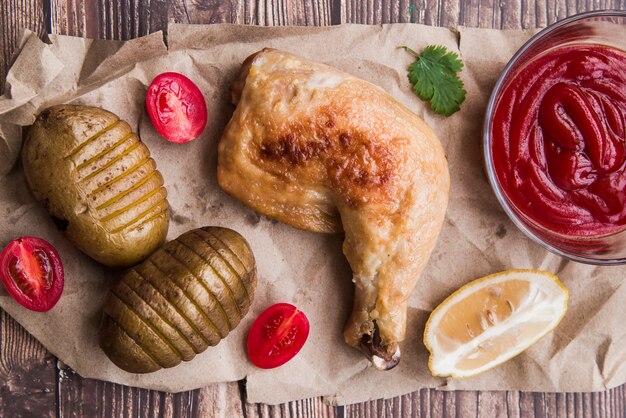 Patas de pollo a la plancha con patatas; tomate a la mitad; Salsa de limón y tomate sobre papel marrón