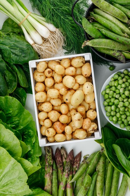 Patatas en una caja de madera con vainas verdes, guisantes, eneldo, cebolla verde, espinacas, acedera, lechuga, espárragos vista superior en una pared blanca