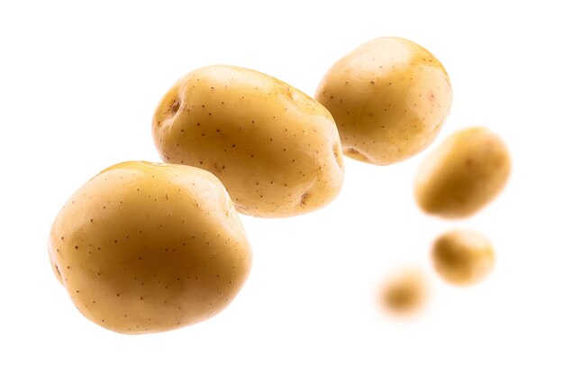 Patatas doradas levitan sobre un fondo blanco.
