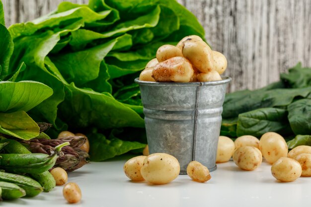Patatas con espinacas, lechuga, espárragos, acedera, vainas verdes en un mini cubo en la pared blanca y sucia, vista lateral.