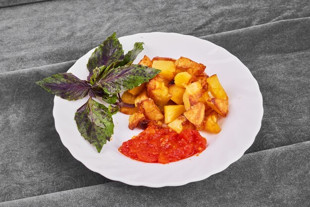 Patatas fritas con hierbas en un plato blanco.